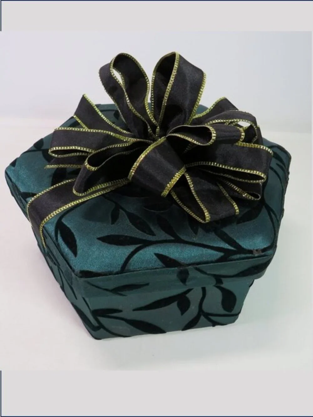 Vintage Hexagonal Fabric Covered Gift Box Teal Velvet Leaves Black Gold Bow